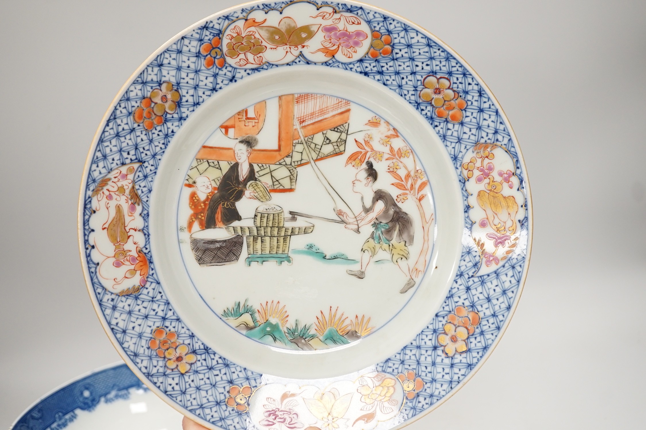 Three English pearlware blue and white bowls and two Samson plates